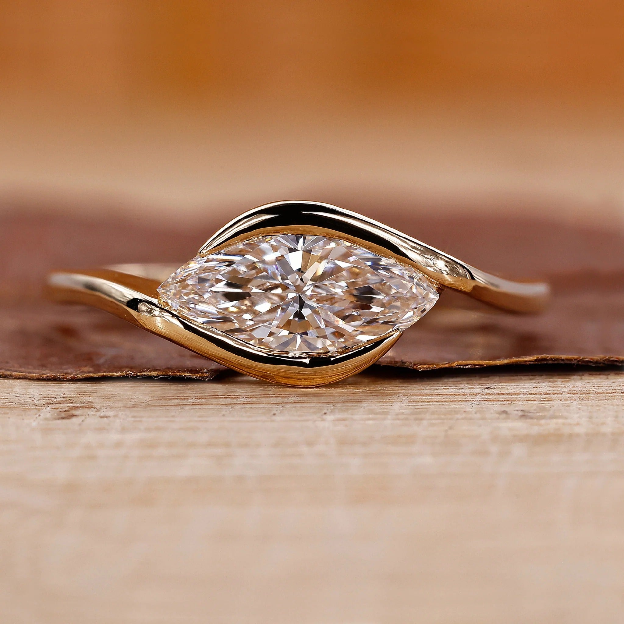 Marquise Cut Lab Grown Diamond Solitaire Horizontal Bazzel Engagement Gold Ring Shree Diamond Mfg